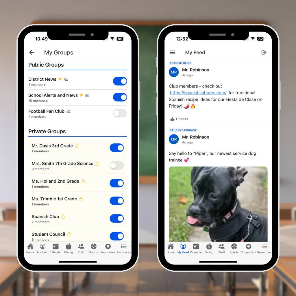 Students using mobile devices for school communication